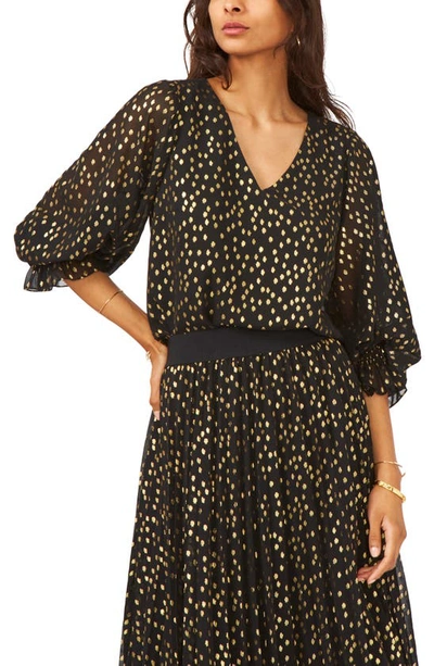 Vince Camuto Smocked Cuff Foil Dot Blouse In Rich Black