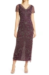 Pisarro Nights Beaded Mesh Column Gown In Wine