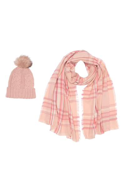 Vince Camuto Plaid Print Scarf Beanie 2-piece Set In Blush
