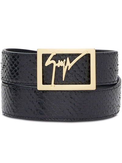 Giuseppe Zanotti Signature Buckle Snakeskin-effect Belt In Black