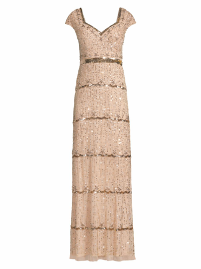 Mac Duggal Gold Sequin Cap Sleeve Sweetheart Column Gown In Neutral