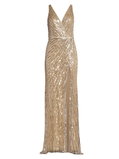 Mac Duggal Sequined Wrap Gown In Nude Silver