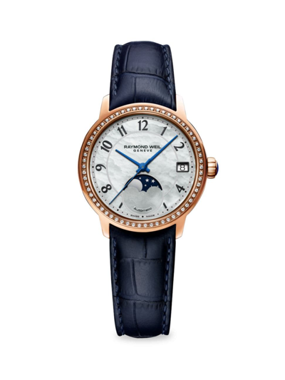 Raymond Weil Men's Maestro Moon Phase Diamond & Mother-of-pearl Leather Watch In White/blue