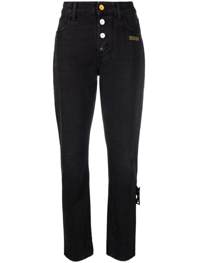 Off-white Slogan-print Straight High-rise Jeans In Black