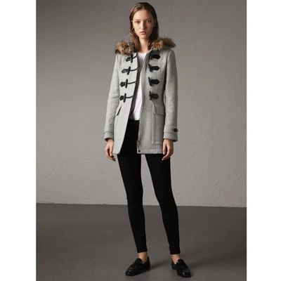 Burberry Wool Duffle Coat With Detachable Fur Trim In Light Grey Melange