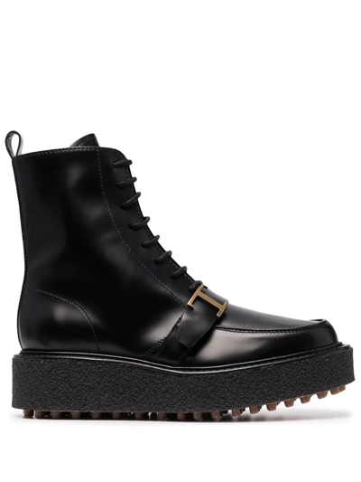 Tod's T-buckle Detail Lace-up Ankle Boots In 黑色