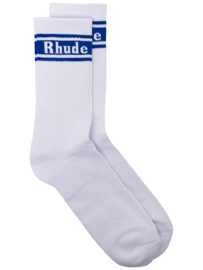 Rhude Ribbed Logo Socks In 0443 White/blue