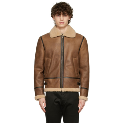 Saint Laurent Shearling-collar Leather Jacket In Brown