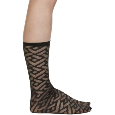 Versace Black Tulle Monogram Socks In 1b000 Black