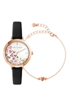 Ted Baker London Ammy Hearts Leather Strap Watch & Bracelet Set, 34mm In Black