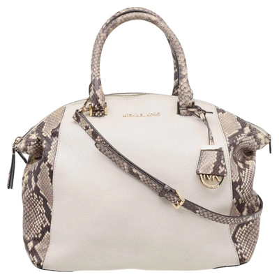 Pre-owned Michael Kors Michael  Beige-black Python Embossed Leather And Leather Large Riley Satchel