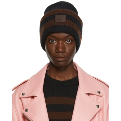 Acne Studios Face-patch Striped Ribbed-knit Beanie In Black/brown