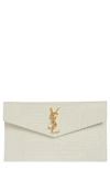 Saint Laurent Uptown Medium Ysl Monogram Croc-embossed Pouch Bag In Crema Soft