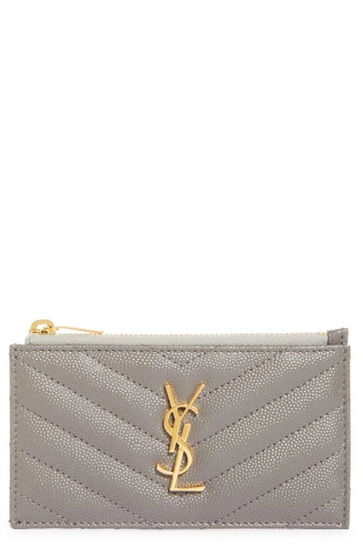 Saint Laurent Pebbled Leather Zip Card Case In Fog