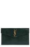 Saint Laurent Uptown Croc Embossed Leather Pouch In Dark Mint