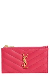 Saint Laurent Pebbled Leather Zip Card Case In Fuxia Couture