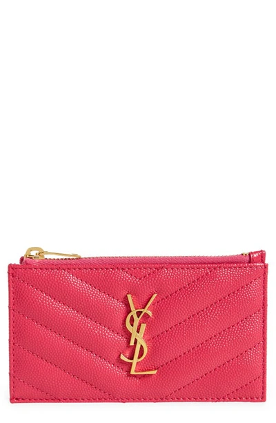 Saint Laurent Pebbled Leather Zip Card Case In Fuxia Couture