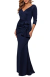 Xscape Ruched Scuba Ruffle Gown In Midnight