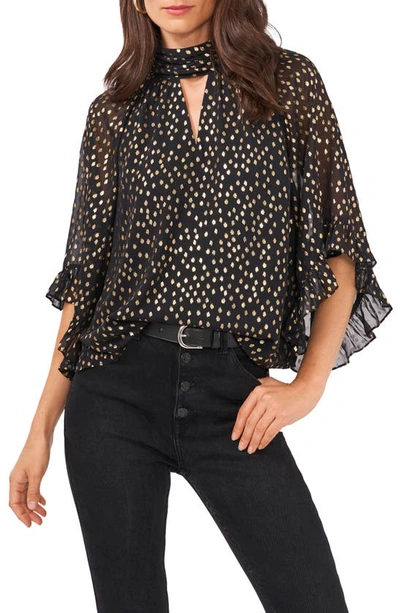 Vince Camuto Foiled Flutter-sleeve Keyhole Blouse In Rich Black