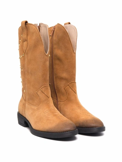 Florens Teen Studded Leather Cowboy Boots In Neutrals