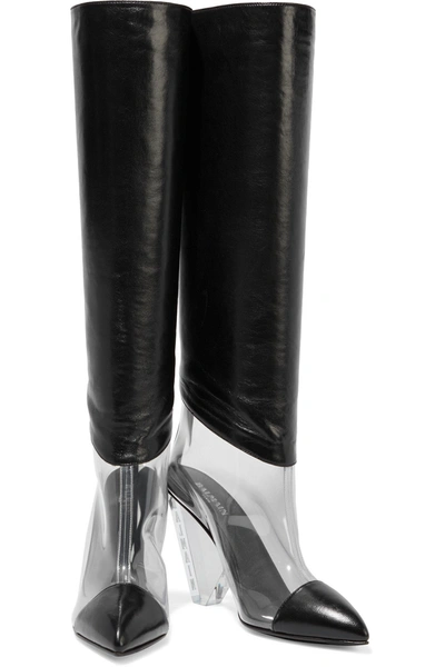 Balmain Lisy Leather And Pvc Knee Boots In Black