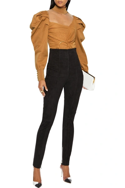 Balmain Ring-embellished Tulle-paneled Draped Stretch-knit Bodysuit In Camel