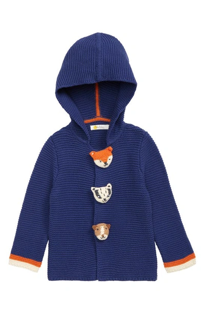Mini Boden Babies' Hooded Knit Jacket In Starboard Blue Animals
