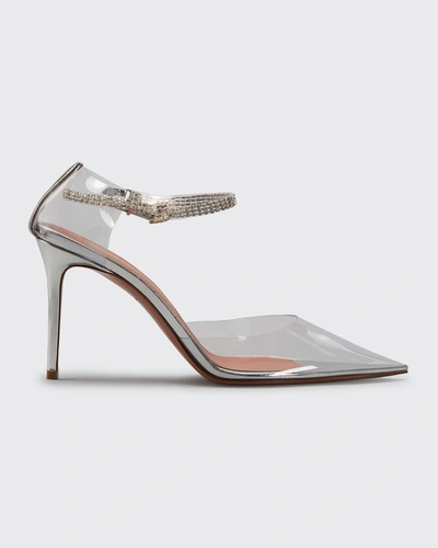Amina Muaddi St. Ursina Pointed Crystal Ankle-strap Glass Pumps In Silver