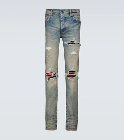 Amiri Mx1' Ribbed Leather Knee Patch Ripped Washed Skinny Jeans In Clayindigo