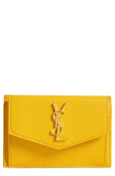 Saint Laurent Uptown Pebbled Leather Flap Card Case In Yellow Fever