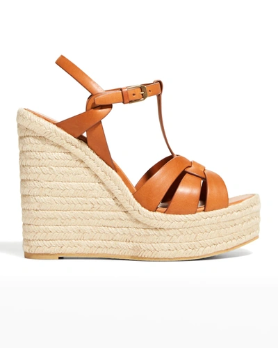 Saint Laurent Calfskin T-strap Espadrille Platform Sandals In Brun