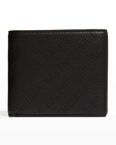 Balenciaga Men's Perforated Logo Leather Wallet In Noir