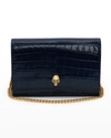 Alexander Mcqueen Mini Skull Croc Embossed Leather Shoulder Bag In Navy