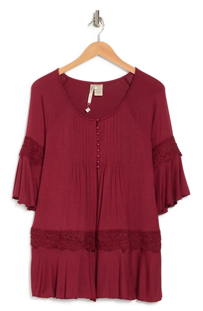 Forgotten Grace Scoop Neck Button Front Tunic In Burgundy