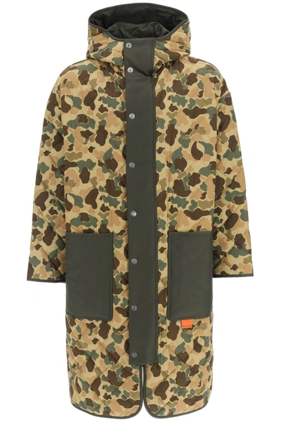 Palm Angels Quilted Camouflage Parka In Khaki,brown,beige