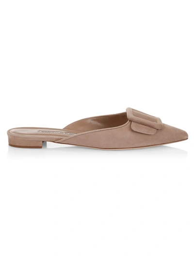 Manolo Blahnik Maysale Buckled Suede Point-toe Flats In Beige