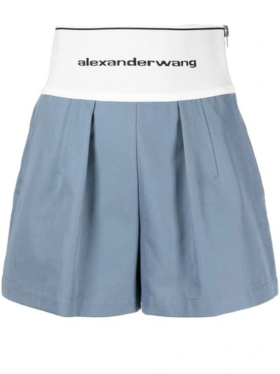 Alexander Wang Branded Elastic Waist Cotton Blend Safari Shorts In Blue