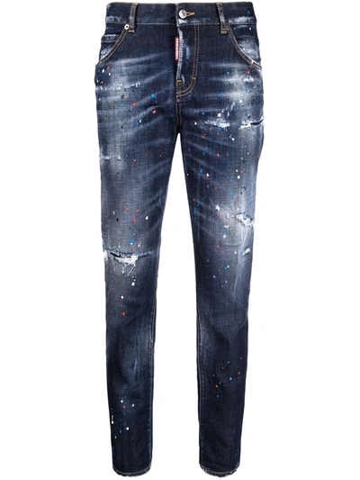 Dsquared2 Blue Paint-splatter Straight-leg Jeans In Mixed Colours