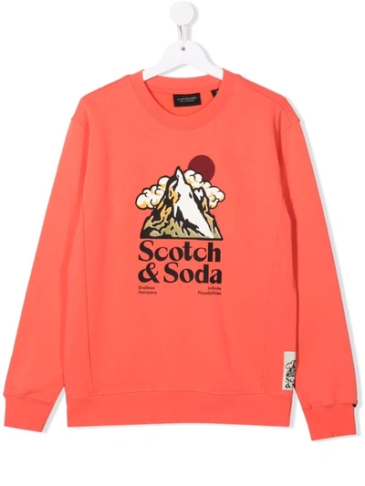 Scotch & Soda Teen Logo-print Crew-neck Sweatshirt In Orange