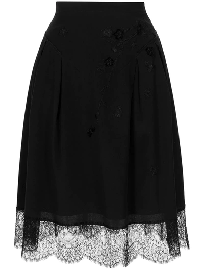 Shiatzy Chen Plum Blossom-embroidered Midi Skirt In Black