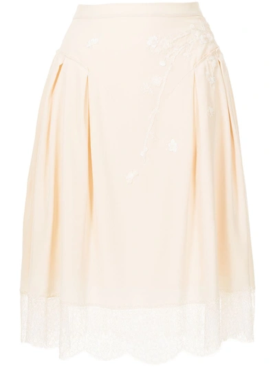 Shiatzy Chen Blossom-embroidered Midi Skirt In Neutrals