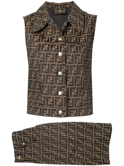 Pre-owned Fendi 1990s Zucca Pattern Denim Skirt Suit In Brown