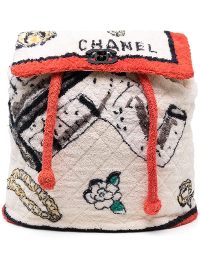Pre-owned Chanel 1994 Cc Terry-cloth Backpack In White