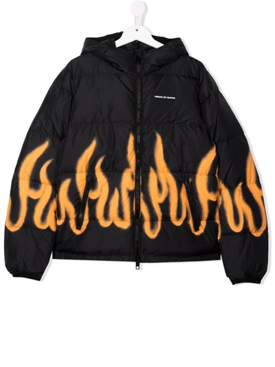 Vision Of Super Teen Flame-print Hooded Puffer Jacket In Black
