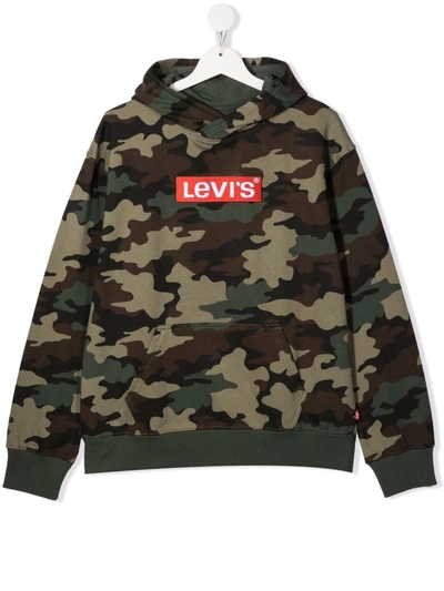 Levi's Teen Camouflage-print Logo-patch Hoodie In Green