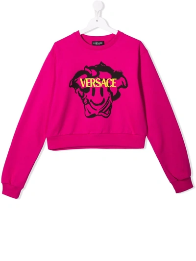 Versace Kids' Girls' Cropped Sweatshirt With Happy Face Medusa Logo In Pink