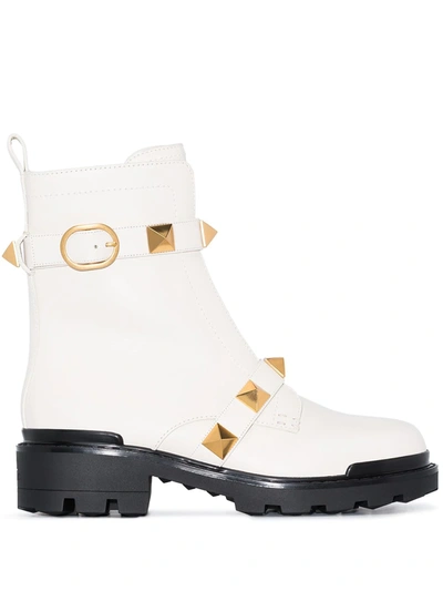 Valentino Garavani Roman Stud Leather Buckle Ankle Boots In White