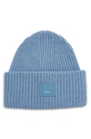 Acne Studios Pansy Face Patch Rib Wool Beanie In Mineral Blue