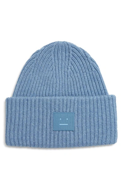 Acne Studios Pansy Face Patch Rib Wool Beanie In Mineral Blue
