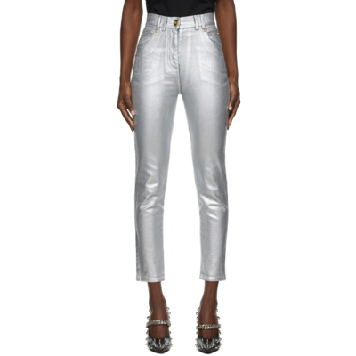 Balmain Metallic Coated Skinny Jeans In Silver